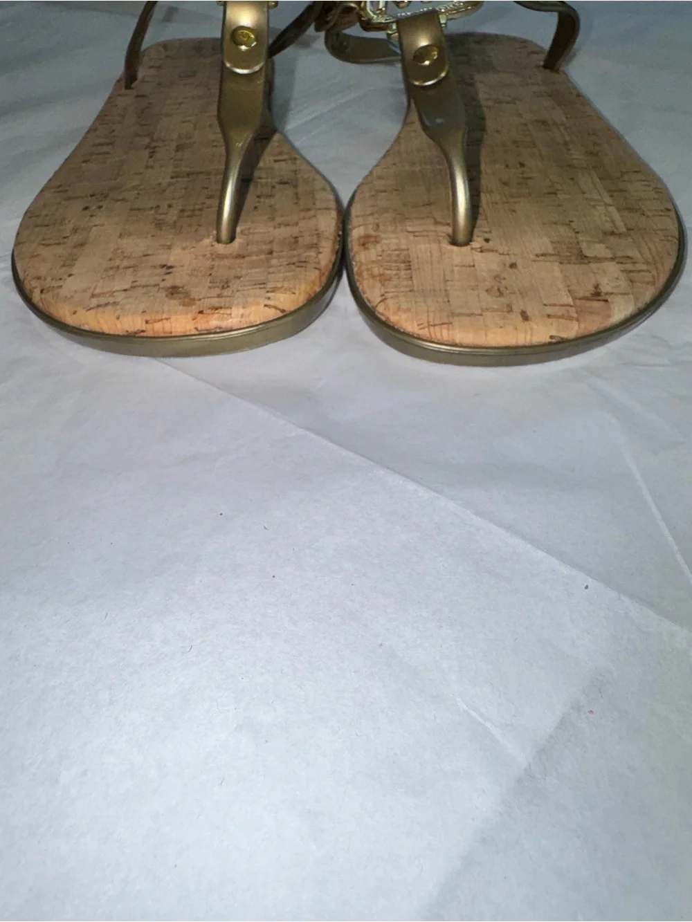 Michael Kors Jelly & Cork Flip Flops MK Charm Logo Sandals Pewter & Gold 6